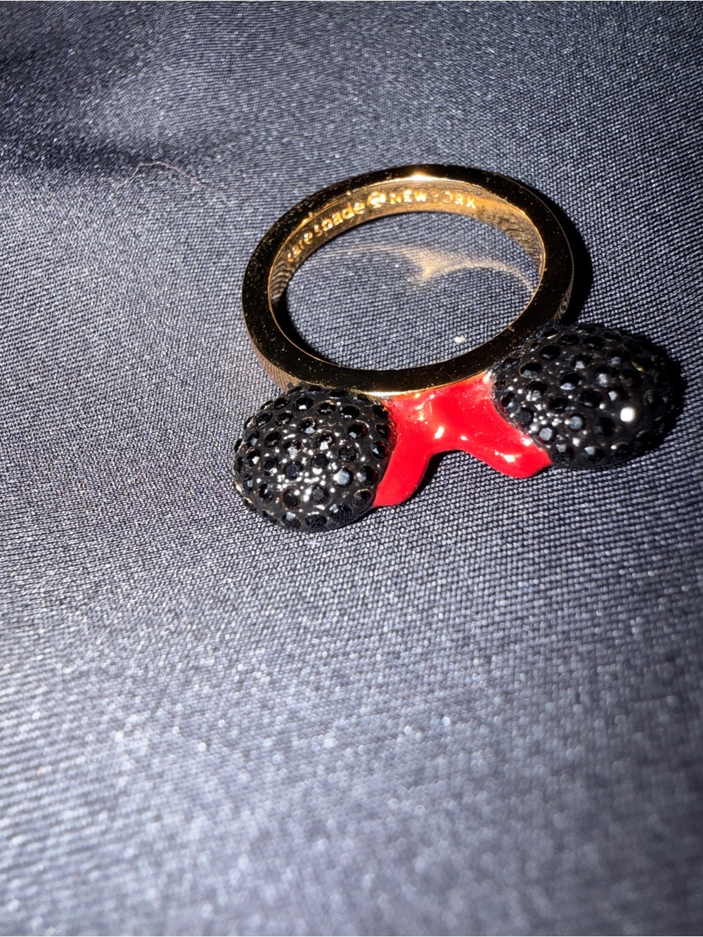kate spade  Gold-Tone Ring 7.5 with Red Enamel Bow and Black Crystals
